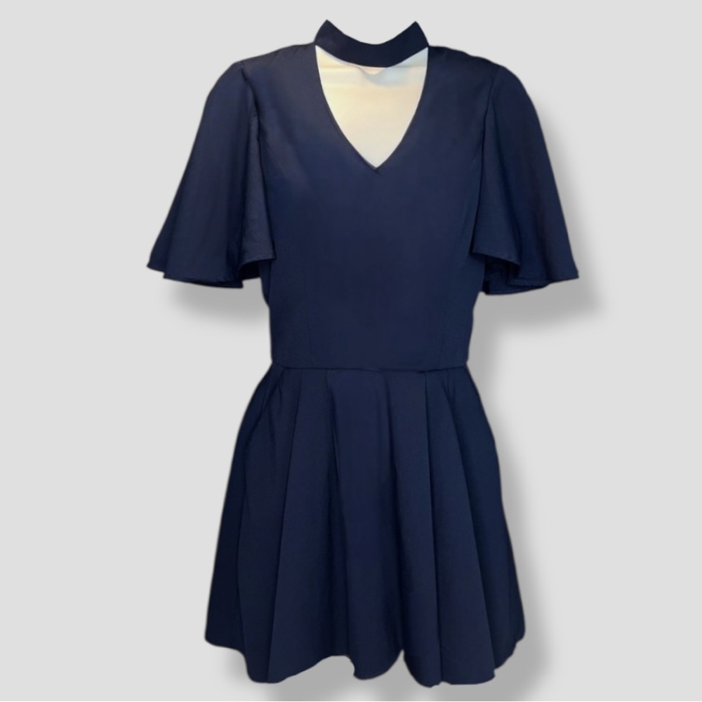 Gianni Bini Navy Pleated Romper | Small | V-Neck Flutter Sleeves | $38